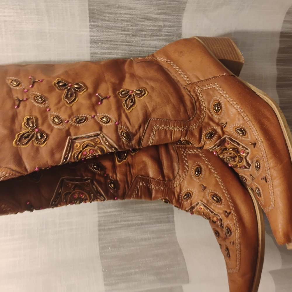 Embroidered Brown Faux Leather Women's Boots